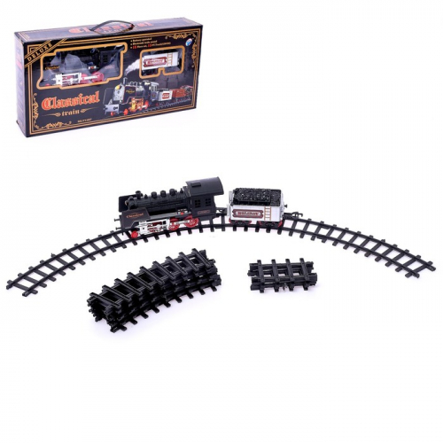 Железная дорога «Классический паровоз», 18 деталей, световые и звуковые эффекты, с дымом, работает от батареек, длина пути 420 см, уценка (нет одного колеса)