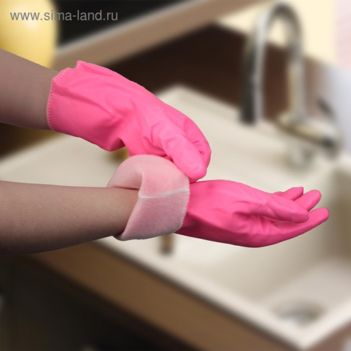 Перчатки хозяйственные латексные, вельвет внутри , размер L, цвет розовый