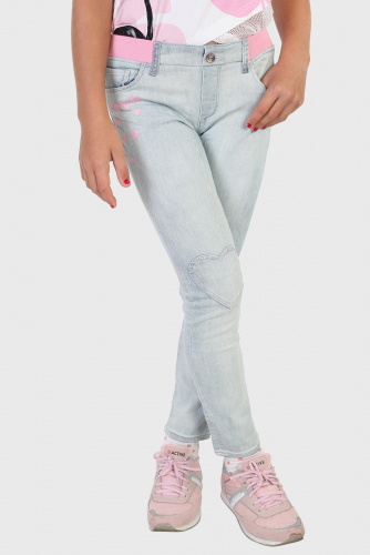 Детские голубые джинсы – розовые акценты, сердечки на коленках №523
