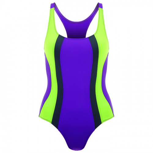 Купальник для плавания сплошной, ярко фиолетовый/неон зеленый/тёмно-серый, размер 30