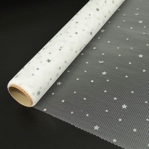 Фатин 50см х4,5м белый с серебристыми звёздочками (1шт)