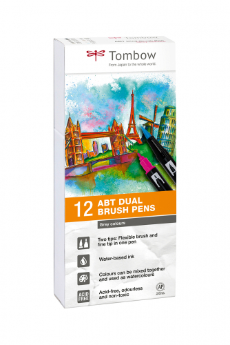 Набор двухсторонних акварельных маркеров ABT Dual Brush 12 штук Gray colours в картонной упаковке