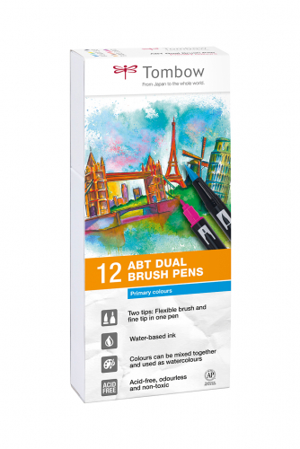 Набор двухсторонних акварельных маркеров ABT Dual Brush 12 штук Primary colours в картонной упаковке