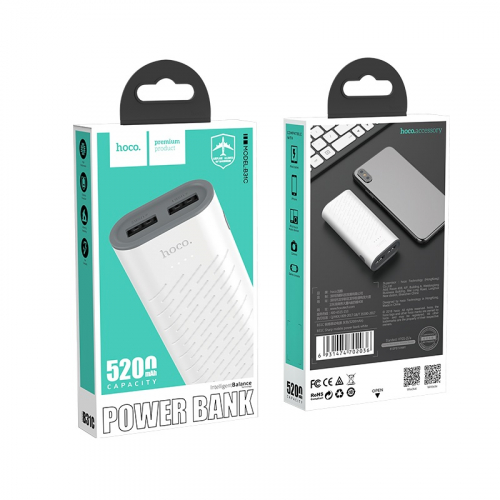 Портативный аккумулятор Power Bank Hoco B31C 5200 mAh 2USB 2A max, белый