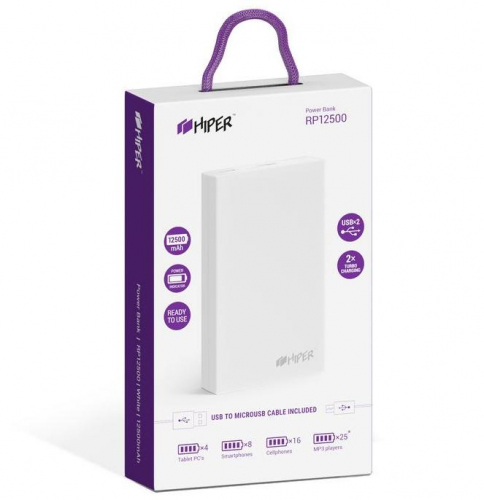 Портативный аккумулятор Power Bank HIPER RP12500 White (2.1A+1A, 2xUSB)