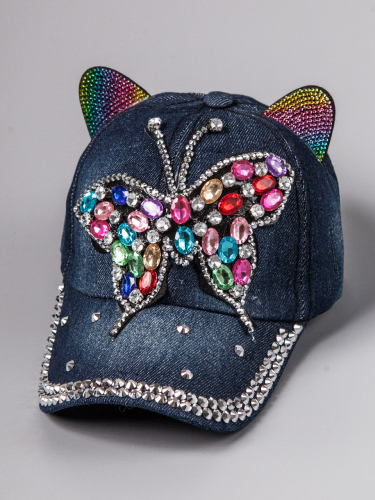 Кепка джинсовая с цветными ушками, бабочка из камней, темно-синий
