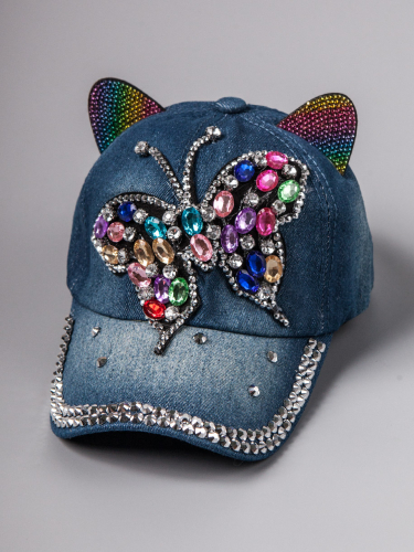 Кепка джинсовая с цветными ушками, бабочка из камней, синий