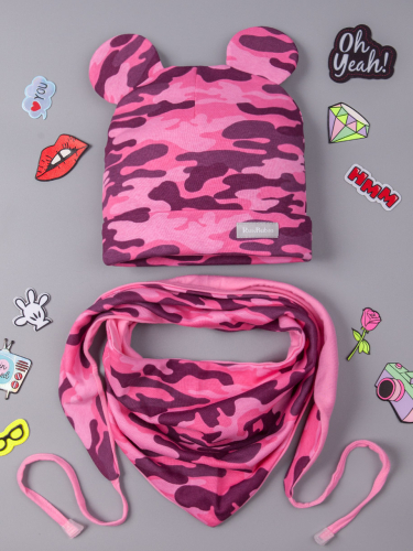 Шапка трикотажная для девочки с ушками, камуфляж, на отвороте нашивка RusBubon + снуд, розовый