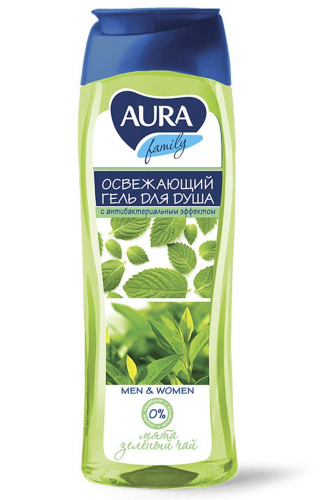 AURA, Освежающий гель для душа с антибактериальным эффектом Мята и зеленый чай 260 мл AURA