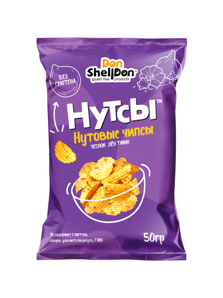 Don Shelldon. Чипсы нутовые «Нутсы» со вкусом чеснока, льна и тмина 50 гр. 1/18