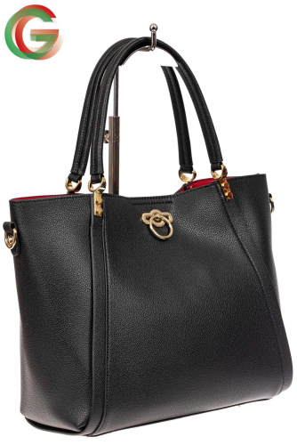 Кожаная стильная сумка шоппер с замком-кольцом, цвет черный