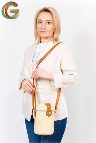 Плетеная сумка-ведерко из джута на длинном ремешке, цвет крафт