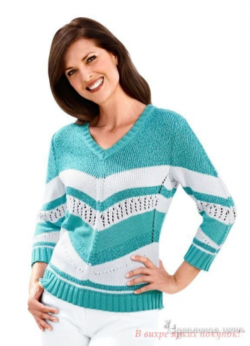 Пуловер с контрастными полосками и ажурными деталями. V-образный вырез, рукава 3/4, края в рубчик. Длина ок.68 см.