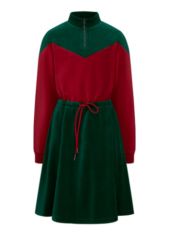 Двухцветное платье из велюра для девочки, цвет тёмно-зелёный