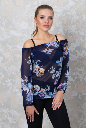 Шифоновая блузка Ф 090 (цветы на т.синем)