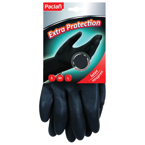 Перчатки хозяйственные неопреновые, хлопчатобумажное напыление, размер L (большой), черные, PACLAN “Extra Protection“, 407750
