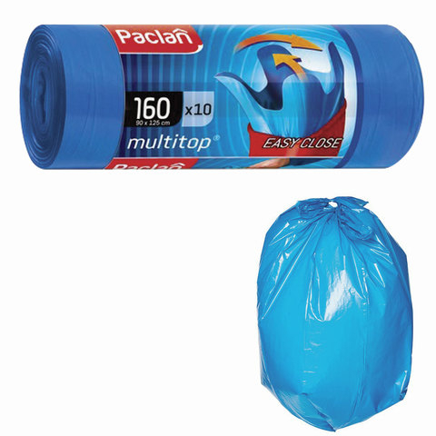 Мешки для мусора 160 л, с ушками, синие, в рулоне 10 шт., ПВД, 30 мкм, 90х125 см, PACLAN “Multitop“, 134442