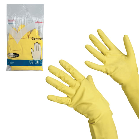 Перчатки хозяйственные резиновые VILEDA “Контракт“ с х/б напылением, размер XL (очень большой), желтые, 102588