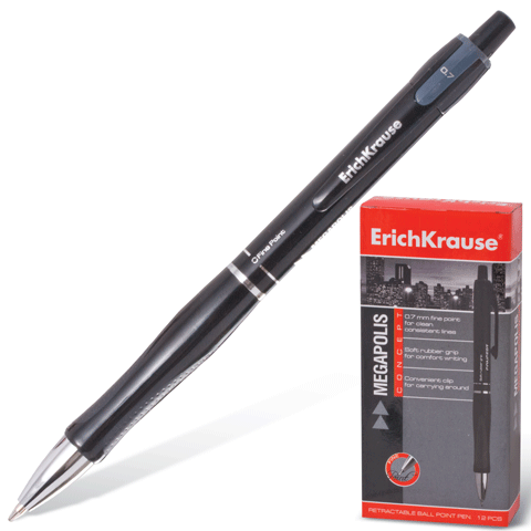 Ручка шариковая автоматическая чёрная с резиновым упором ERICH KRAUSE 