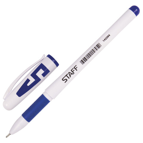 Ручка гелевая STAFF, корпус белый, игольчатый узел 0,5 мм, линия 0,35 мм, резиновый упор, синяя, 142394