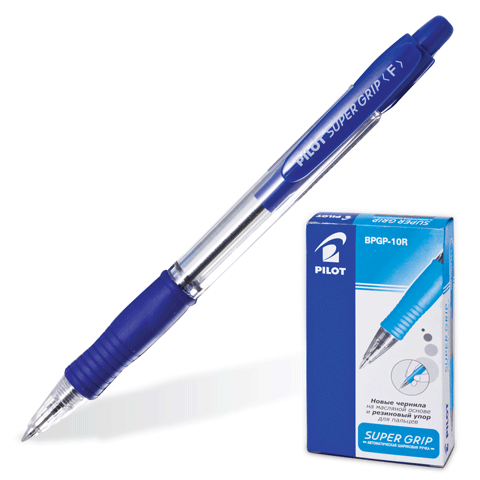 Ручка шариковая автоматическая синяя с резиновым упором, толщина письма 0,32 мм, чернила на масляной основе PILOT