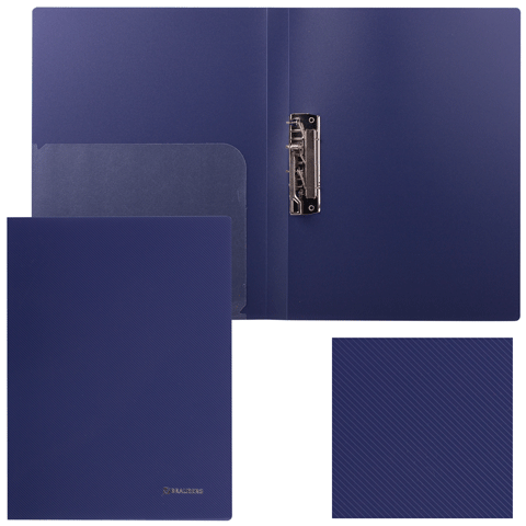 Папка с боковым металлическим прижимом и внутренним карманом синяя BRAUBERG 