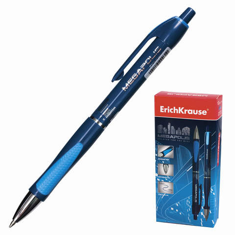 Ручка шариковая автоматическая синяя с резиновым упором ERICH KRAUSE 
