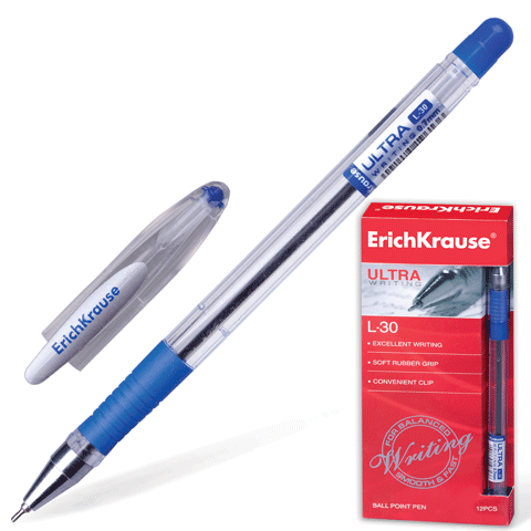 Ручка шариковая синяя с резиновым упором, чернила на масляной основе ERICH KRAUSE 