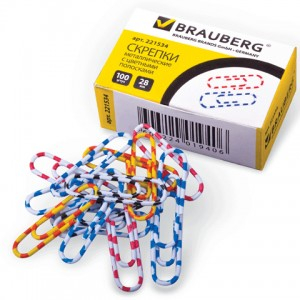 Скрепки 28 мм с цветными полосками 100 штук BRAUBERG 221534