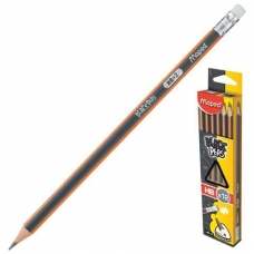 Набор карандашей чернографитных с ластиком 12 штук НВ, корпус деревянный трехгранный MAPED 