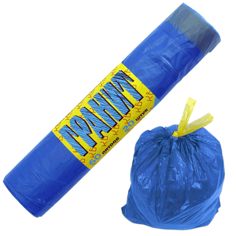 Мешки для мусора 60 л, 20 штук в рулоне, 15 мкм, с завязками, синие КБ 