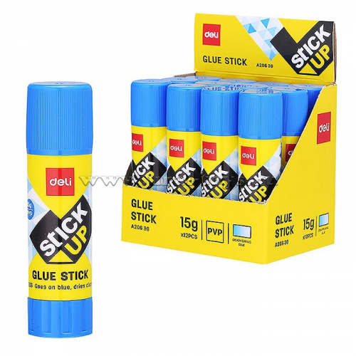 Клей-карандаш 15гр корп.желтый/синий ПВП дисплей картонный цветной (исчезающий цвет)