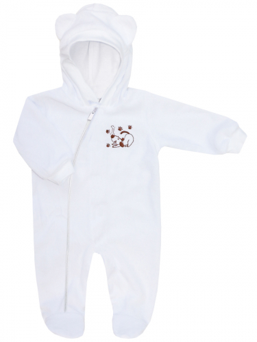 Белый комбинезон из велюра с капюшоном и вышивкой собачки для новорождённых (2687в)