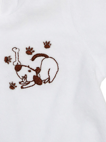 Белый комбинезон из велюра с капюшоном и вышивкой собачки для новорождённых (2687в)