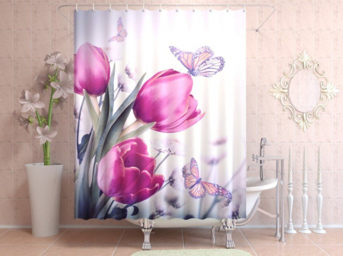 Фотоштора для ванной Тюльпаны и бабочки
