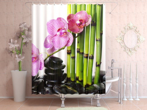 Фотоштора для ванной Цветы и бамбук
