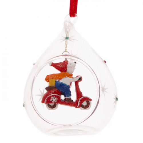Новогоднее подвесное украшение Мишка на мопеде из стекла и полирезины / 8x7x11 см арт.78370