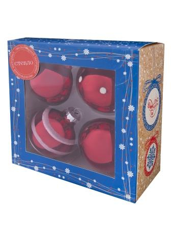 Новогоднее подвесное украшение - шар Красный с белым из стекла, набор из 4 штук / 6x6x6см арт.81917