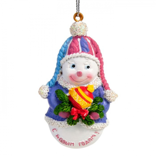 Новогоднее подвесное украшение Снеговик с игрушкой из полирезины / 4.5х1.7х7.5см арт.77789