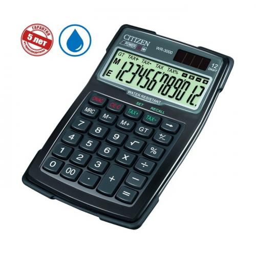 Калькулятор настольный Citizen 12-разрядный, 106 х 152 х 38 мм, 2-е питание, водонепроницаемый, серый
