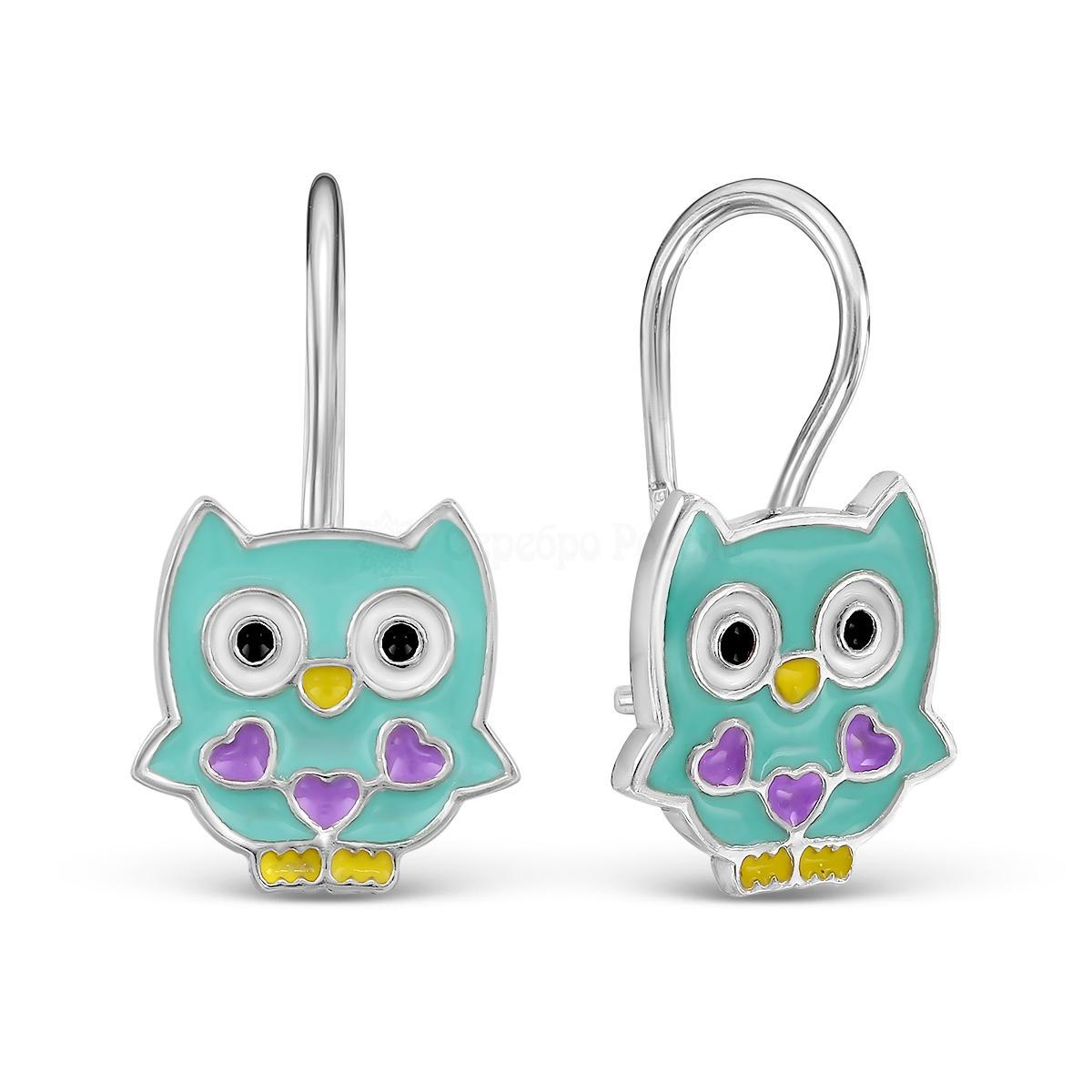 Серьги детские из серебра с эмалью родированные - Совята 925 пробы 5067эр2