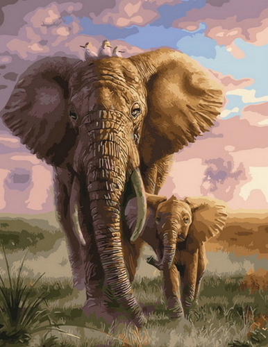 Картины по номерам 40х50 Слоненок на прогулке с мамой