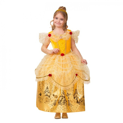 Карнавальный костюм «Принцесса Белль, текстиль-принт, платье, перчатки, брошь, р. 34, рост 134 см