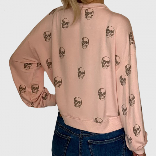 Женская кофта свитшот с черепами от Z Supply – эффектный контраст нежного цвета и брутального принта №778
