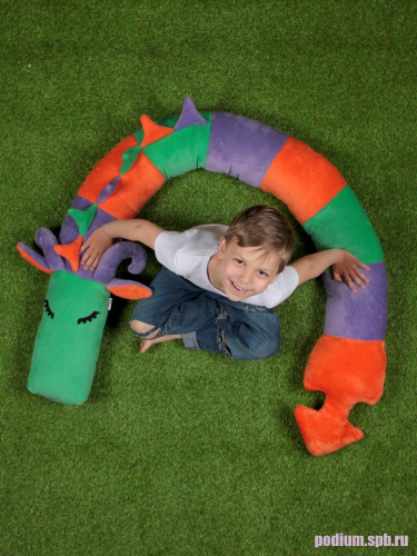 Подушка детская декоративна валик Дракон Гоша сиреневый, оранжевый, зеленый