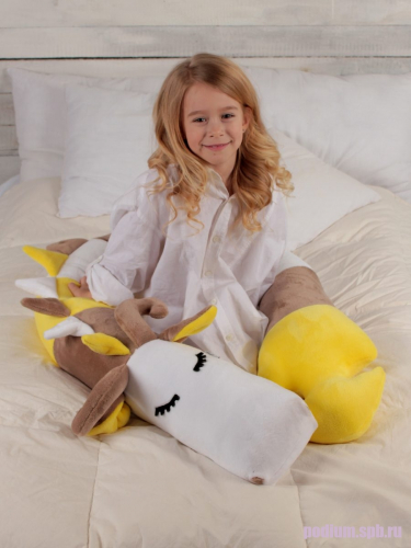 Подушка детская декоративная валик Дракон Гоша коричневый, белый, желтый