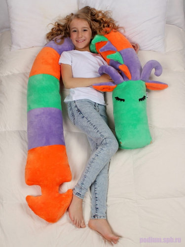 Подушка детская декоративна валик Дракон Гоша сиреневый, оранжевый, зеленый