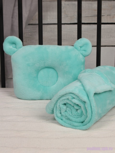 Плед покрывало с подушкой для новорожденных Bebe Liron Мишка (комплект) мятный