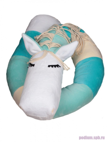 Подушка детская декоративна валик Лошадь Тоша мятный, белый, голубой
