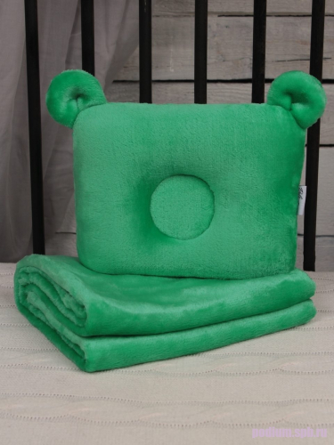 Плед покрывало с подушкой для новорожденных Bebe Liron Мишка (комплект) зелёный
